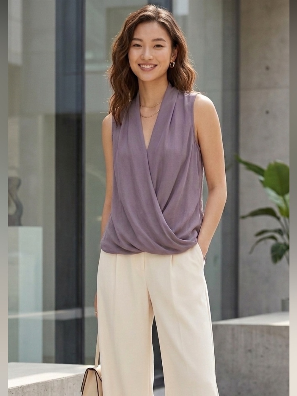 Aritzia BABATON Silk Drape Blouse Sleeveless Shirt Wrap Top Minimalist Purple XS
